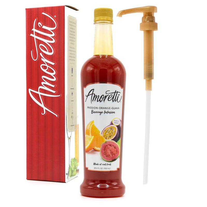 Amoretti - Passion-Orange-Guava Beverage Infusion, 94 Servings Per Bottle (750 ml) - Drink Mix & Water Enhancer with Pump for Flavoring Cocktails, Waters, Teas, and other Beverages, Preservative Free - Image 1